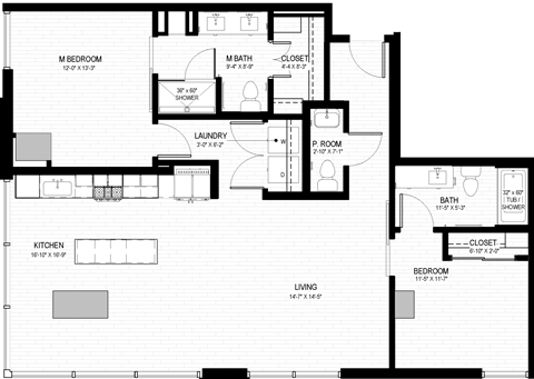 Floor plan for 2 beds, 2.5 baths, 1256 sqft